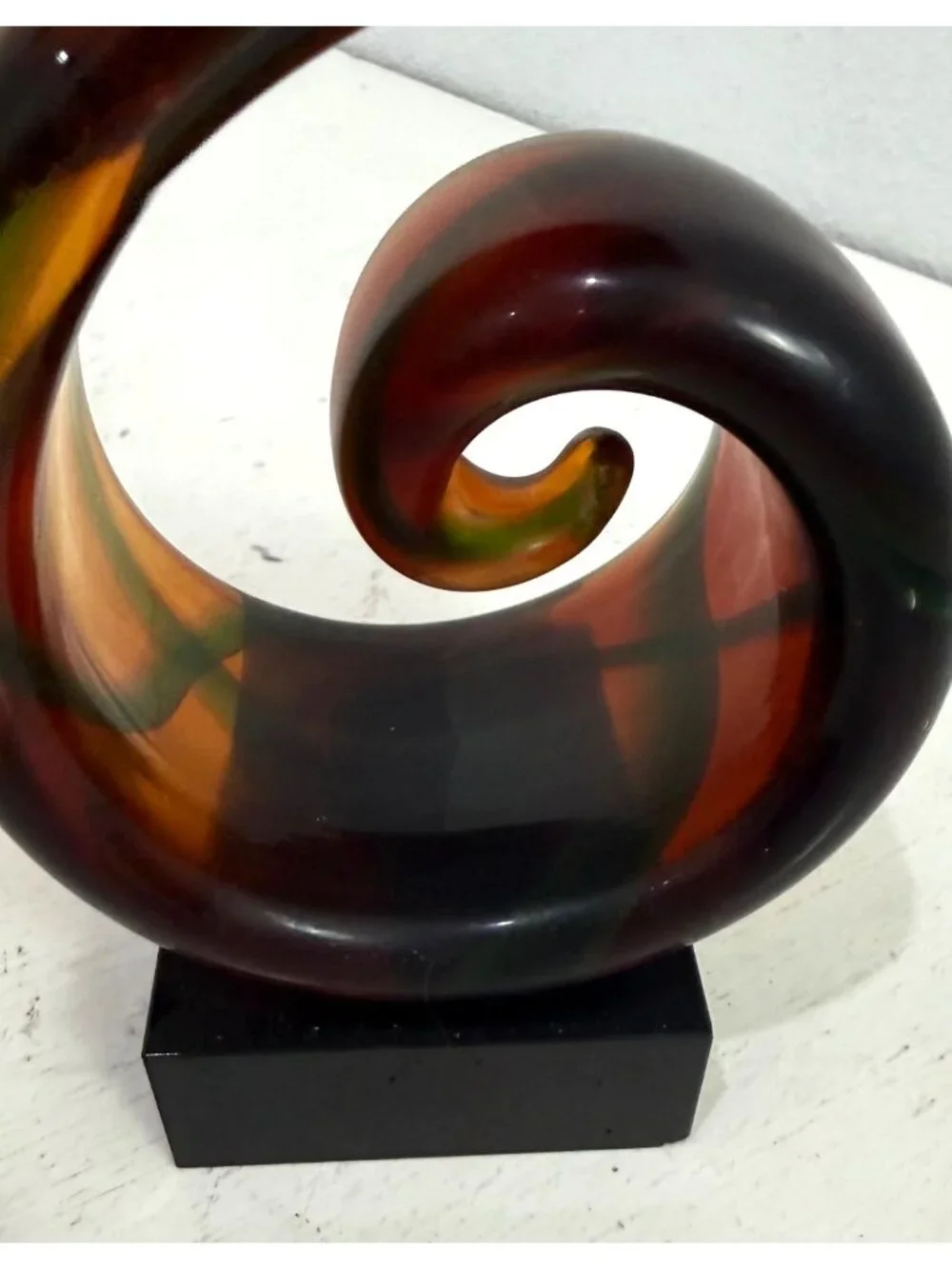 Murano Style Art Heavy Glass Swirl Music Abstract Sculpture Amber Green 14” VTG